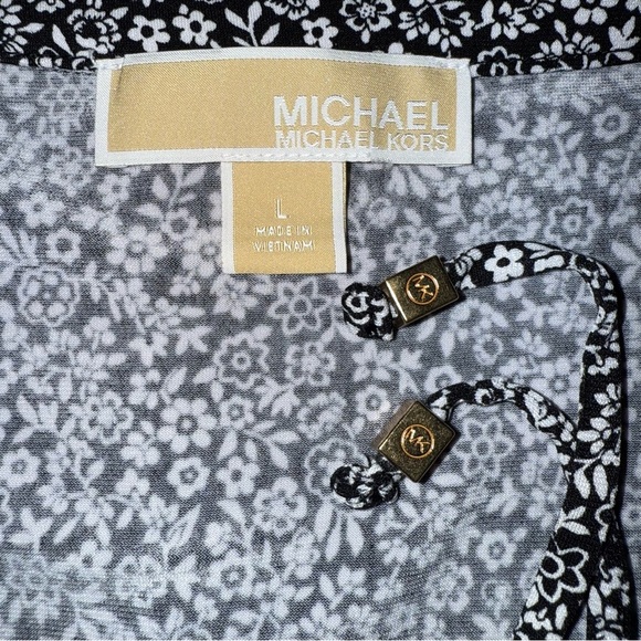 Michael Kors Black and White floral Patterned Midi Dress ruffle bottom Large - Picture 5 of 12
